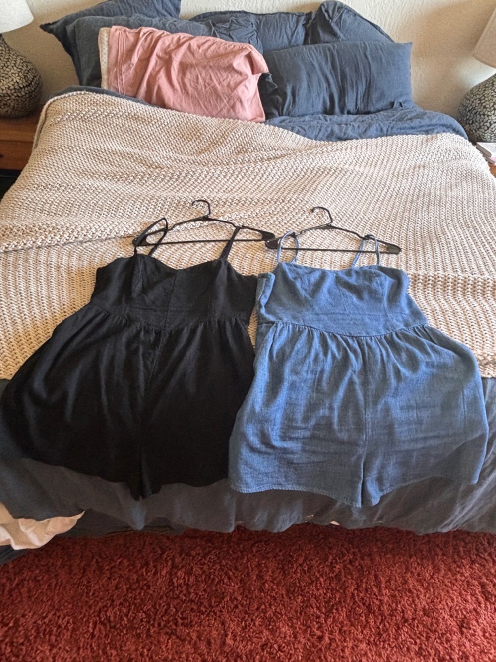 Old Navy Blue Denim and black Smocked Strap Romper size large - Picture 7 of 9
